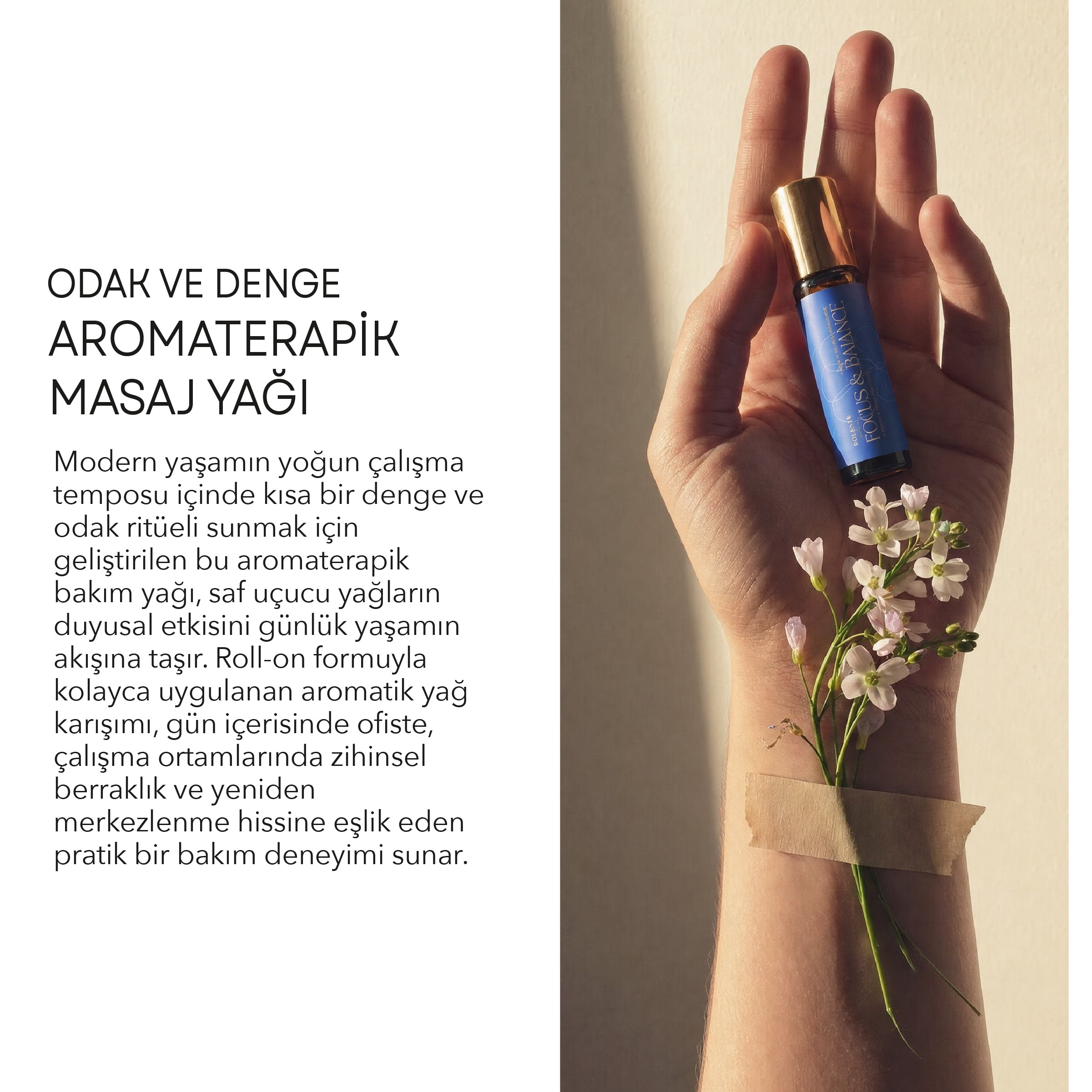 Focus & Balance şişe ve etiket detayı — zihinsel odak için aromaterapik masaj yağı