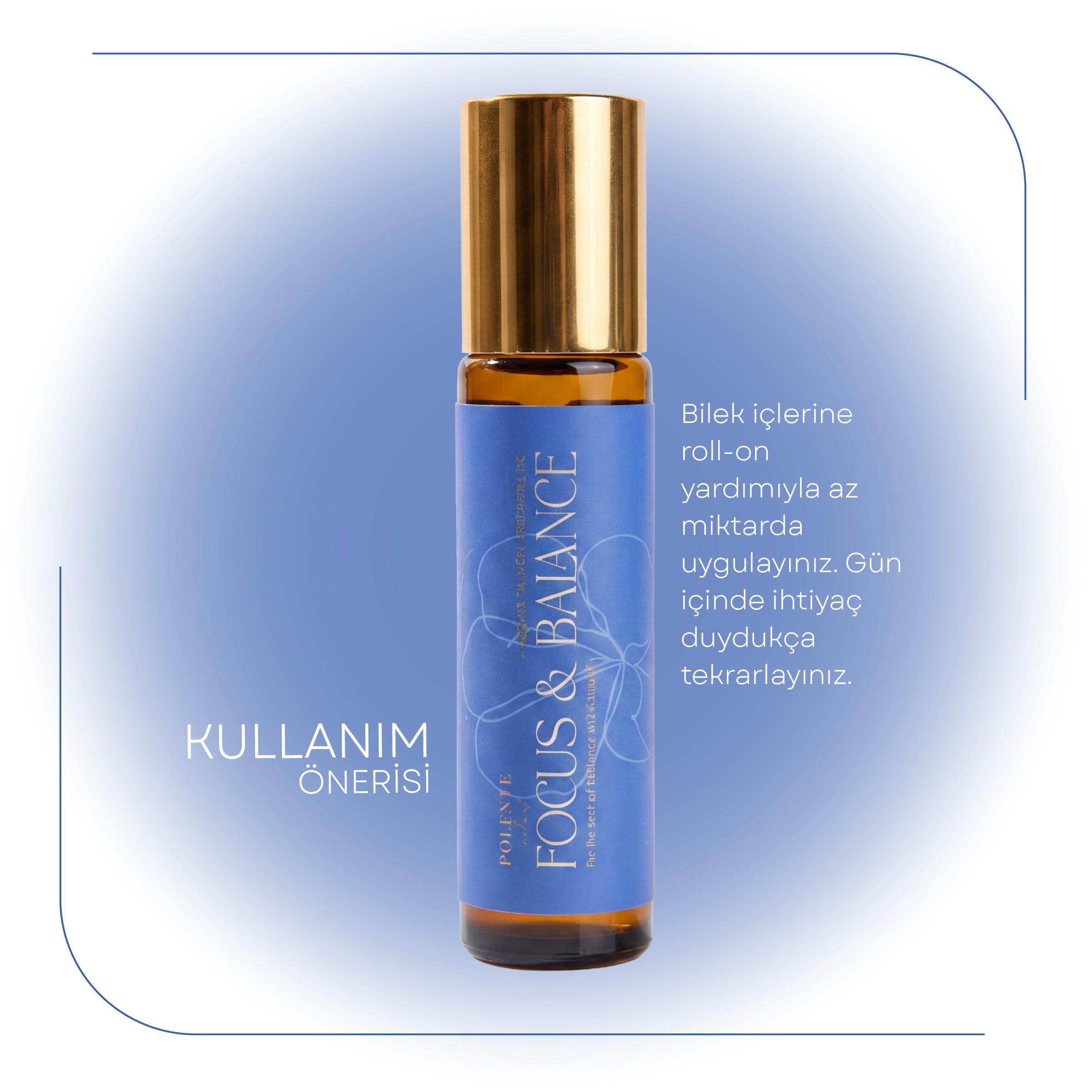 Focus & Balance roll-on ve şişe kompozisyonu — çalışma öncesi denge aromaterapisi