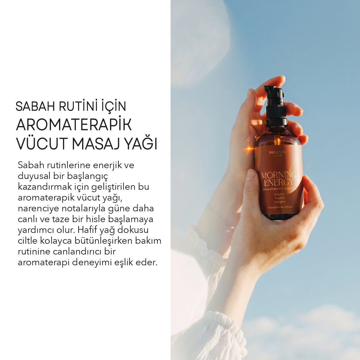 Morning Energy şişe ve etiket detayı — sabah rutini için aromaterapik vücut yağı